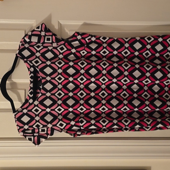 LIZ CLAIBORNE WOMENS BLACK & PINK SYMMETRICAL SMALL CAP SLEEVES DRESS SIZE LARGE - Picture 2 of 11